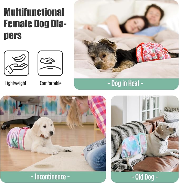 wegreeco Female Dog Diapers, Washable Reusable Pet Puppy Doggie Diapers for Small Medium Large Female Dogs in Heat Period, Doggy Period Panties, 5 Pack, XX-Large, Blossoms