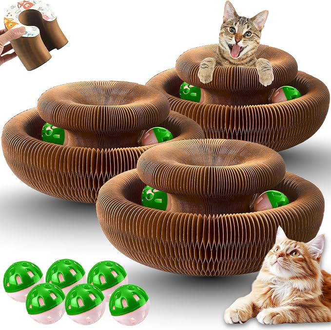 Kitty Kurlz Cat Scratcher Toy - Reversible Magic Organ Foldable Accordion Honeycomb Cardboard Scratching Board with Bell Ball, Interactive Anxiety Relief Exercise Toy for Indoor Cats (3PCS)