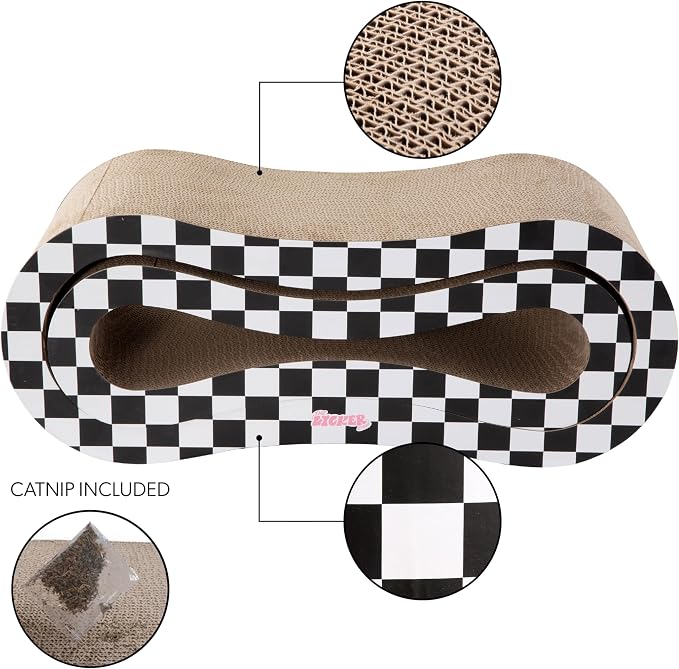 Suvi 26" Modern Cardboard Infinity 2-in-1 Lounge Bed Cat Scratcher with Catnip, Black/White Checker, Corrugated Scratching Surface and Tunnel CSR1014K