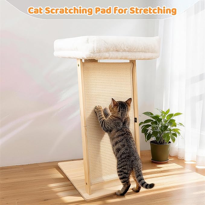 31.5" Cat Scratching Post, 3-in-1 Multifunctional Natural Pine Wood Cat Furniture, Tall Scratch Posts with Perch&Scratcher, Boxed with Hanging Bell Toy, Large