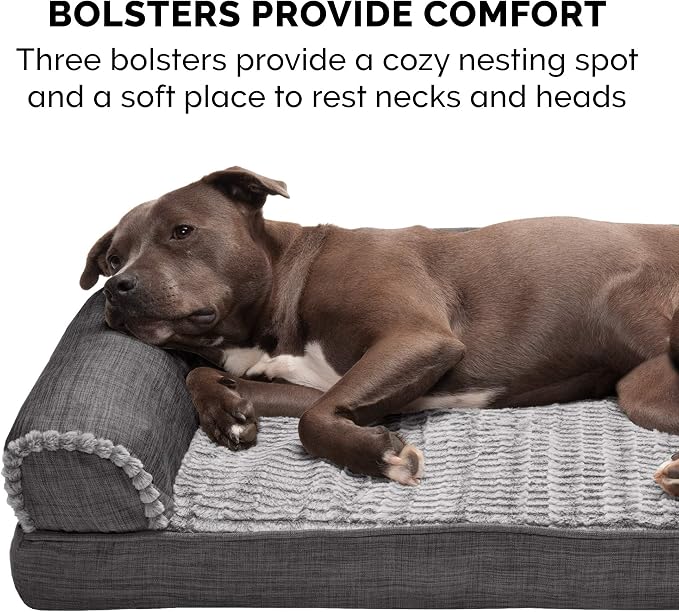 Furhaven Cooling Gel Dog Bed for Large Dogs w/ Removable Bolsters & Washable Cover, For Dogs Up to 95 lbs - Luxe Faux Fur & Performance Linen Sofa - Charcoal, Jumbo/XL