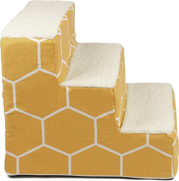 Majestic Pet 3 Step Portable Dog Stairs for Small Dogs to get on Bed Supports 25 lbs or Less – Dog Steps for High Bed with Machine Washable Cover – Pet Stairs for Cats Hexo Shapes Yellow