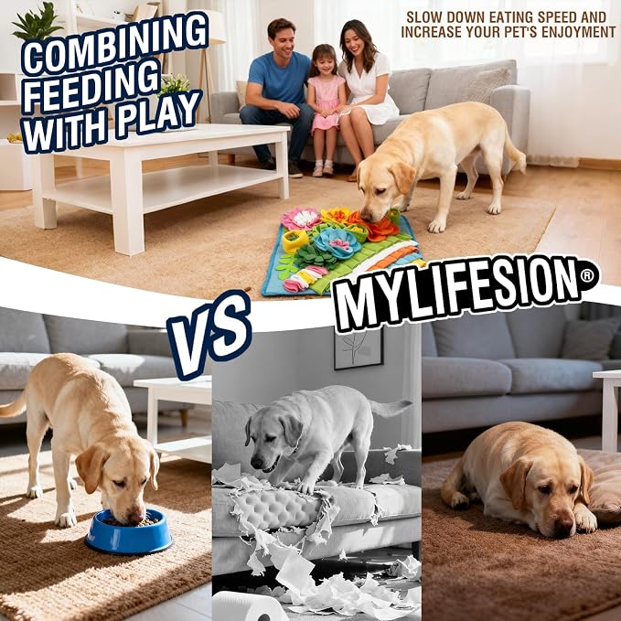 MYLIFESION Snuffle Mat 15.4''×15.4'' for Small & Medium Dogs, Slow Feeding Puzzle Sniff Mat for Cats Rabbits, Mentally Stimulating Scent Training, Portable Durable Pet Food Mat (Heavyweight Style)