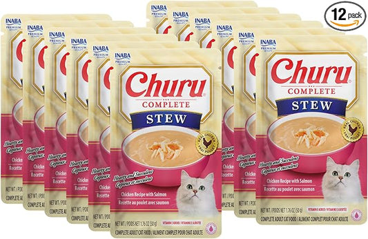 INABA Churu Complete Stew for Cats, Grain-Free, High Protein & Moisture, Wet Cat Food with Fish Oil, 1.76oz. Pouch, 12 Pouches, Chicken with Salmon Recipe