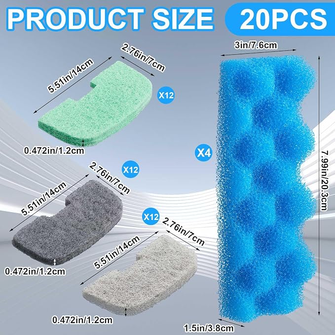 Threlaco 20 Pcs Aquarium Filters Replacement Filter Media Kits Compatible with Fluval 206/207, Including 2 Biological Foams, 6 Ammonia / 6 Phosphate / 6 Nitrite Remover