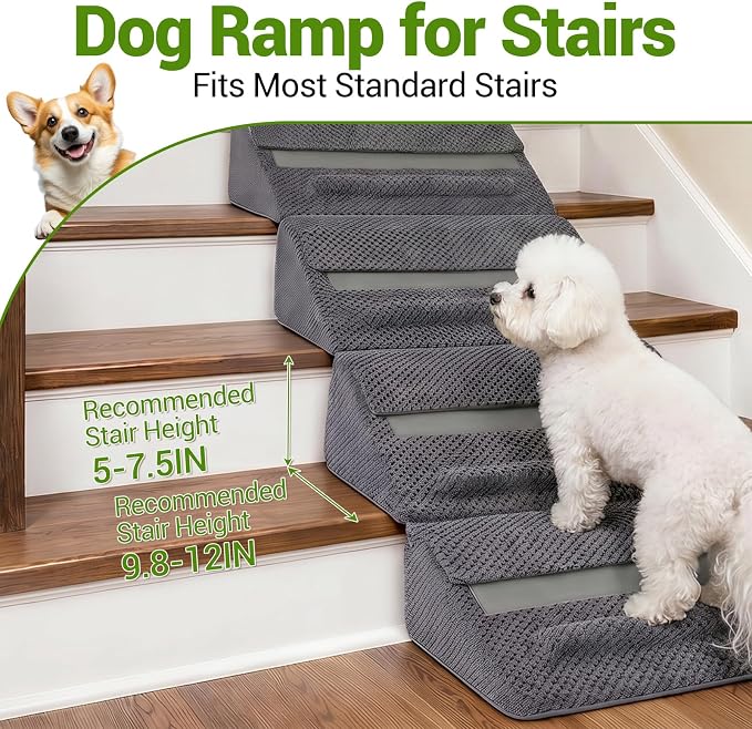 6 Pack Dog Ramp for Stairs for Small & Senior Dogs and Cats | Anti-Slip Bump, Washable Cover, Self-Sticky Pads, Safe Climbing