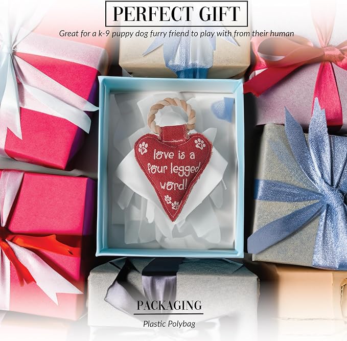 Pavilion Gift Company 45611 Pavilion's Pets-Red Heart Shaped Canvas and Rope Dog Squeaky Toy-Love is a Four Legged Word, Dog, Best for Medium- Large Breeds