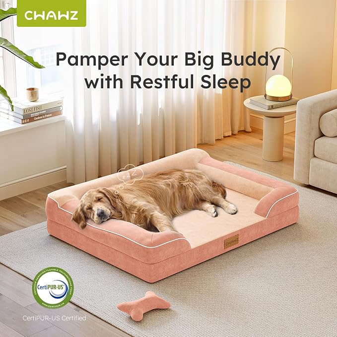 CWAWZ Dog Beds for Large Dogs, Orthopedic Dog Bed with Cooling Gel Memory Foam, Waterproof Large Pet Bed with Removable Washable Cover, 36" Pet Sofa Couch Dutch Velvet with Bone Toy, Peach Pink