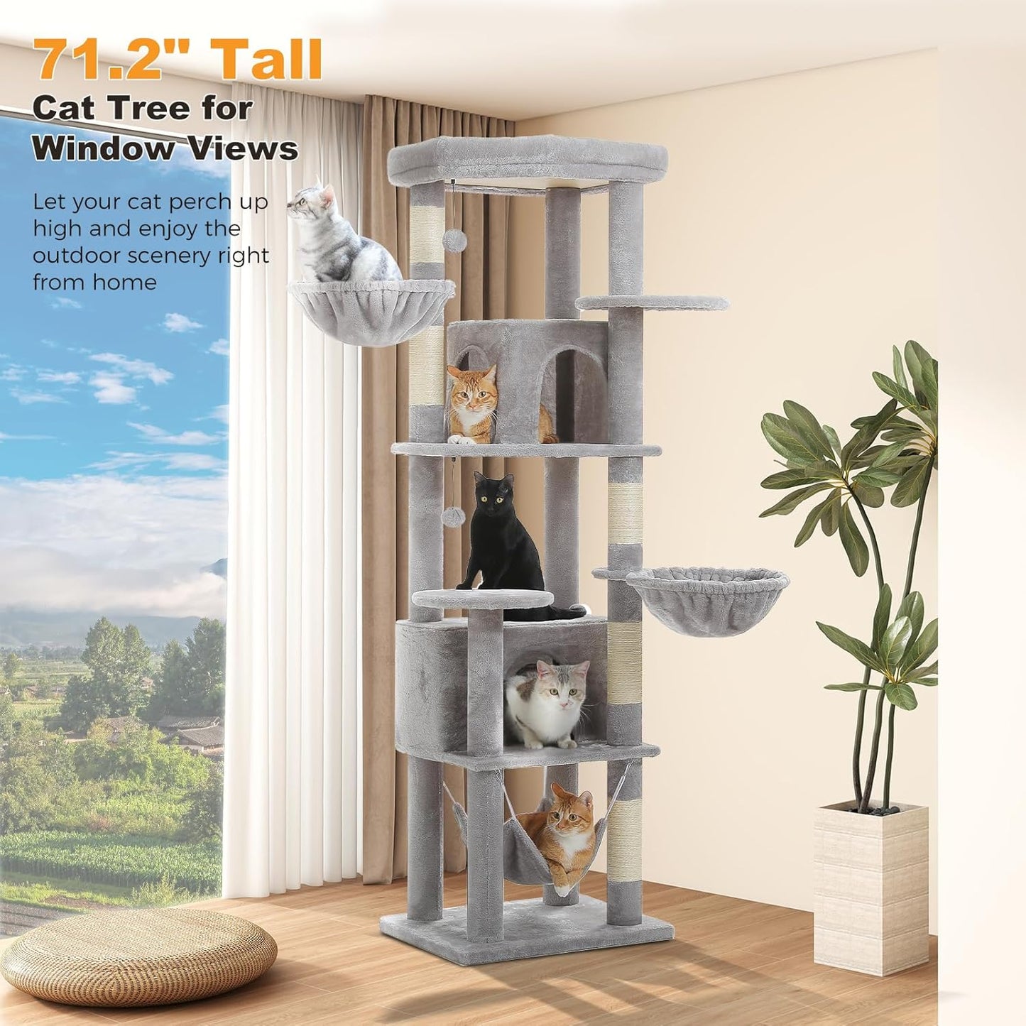 71.2" Tall Cat Tree for Indoor Cats - 9-Level Multi-Cat Tower w/5 Sisal Scratching Posts, 2 Condos, 3 Hammocks, Perch & Pom Poms - Heavy-Duty for Adult Cats, Space-Saving Plush Gray