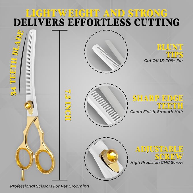 7.5” Curved Thinning Shears for Dogs and Cats – 34 Tooth Professional Pet Grooming Scissors – Smooth, Quiet Blending Shears for Face, Ears, Chest and Legs, Ergonomic Design for Home and Pro Use