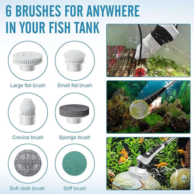 Electric Fish Tank Cleaner, Aquarium Spin Cleaning Brush, IPX8 Waterproof Aquarium Gravel Cleaner & Water Changer, Aquarium Clean Spin Scrubber & Algae Scraper Tools Kit with Adjustable Handle