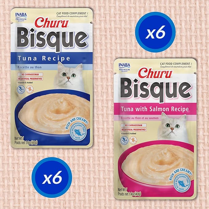 INABA Churu Bisque for Cats, Creamy Lickable Purée Side Dish with Vitamin E, 1.4 Ounces per Pouch, 24 Pouches, Tuna Variety