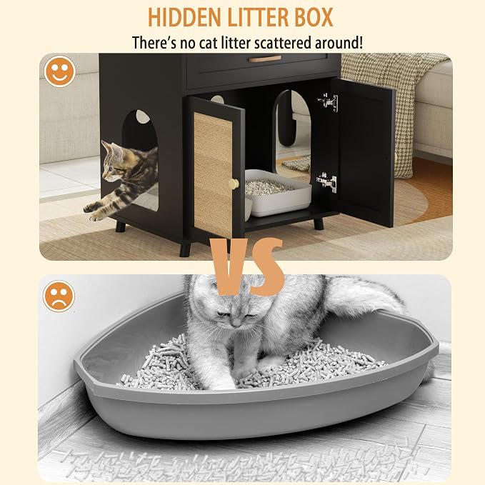 Cat Litter Box Enclosure Litter Box Furniture Hidden with Scratching Board Doors and Drawer Wooden Washroom Cat House Table Nightstand Indoor Box Cabinet,Black