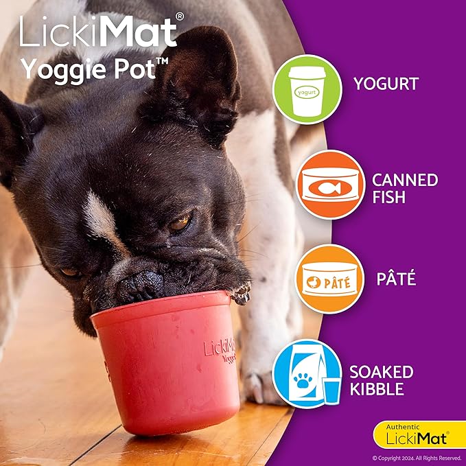 LICKIMAT Yoggie Pot – Distraction, Fun and Enrichment. Long Lasting Rubber Licking Treat Dispenser for All Dog Sizes and Slow Feeder for Small Dogs - Pink