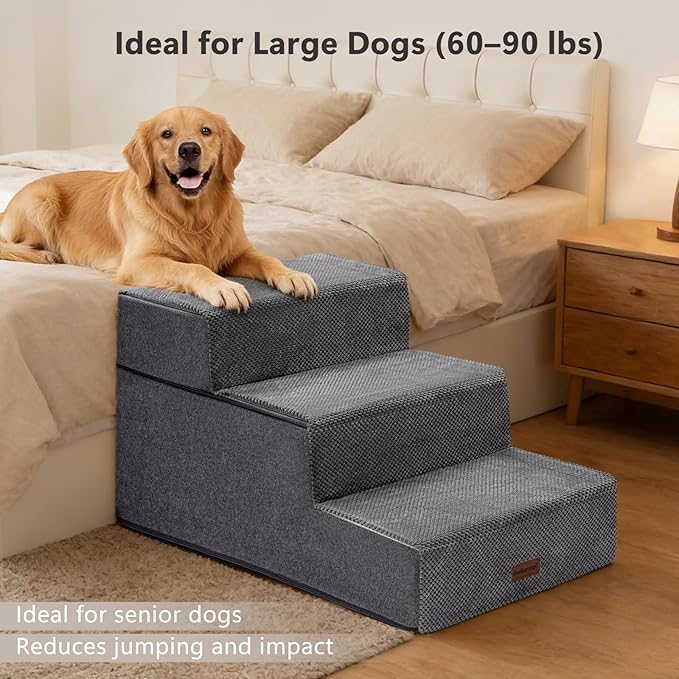 AODISMAN Dog Stairs for Large Dogs 18" H, Extra Wide Dog Steps for High Beds & Couches, 20" Wide Deep Steps, Non-Slip Dogs Ramp, 3-Step Pet Stairs, Grey