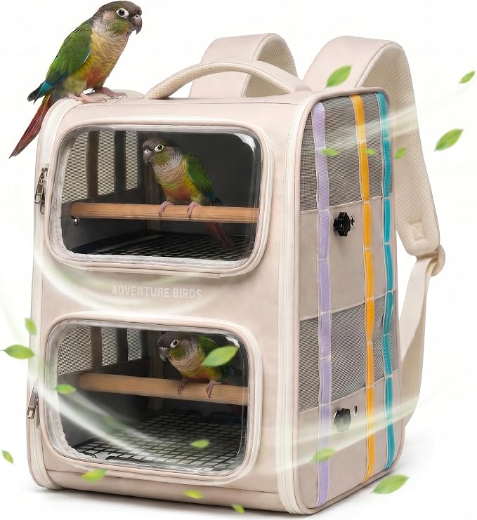 Bird Backpack Carrier for Parrots, Double Layer Bird Travel Cage with Removable Mesh Tray & Perch, Portable Ventilated for Multiple Small Birds Parakeet Cockatiel Conure