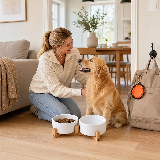 Petygooing Dog Bowls,White Ceramic Cat and Dog Bowl Set with Wood Stand for Food and Water, Non-Slip Cute Modern Pet Dish Set for Cats & Medium Dogs (28OZ)
