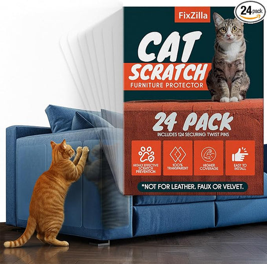 FixZilla Anti Cat Scratch Furniture Protector, 24-Pack Couch Protector from Cat Claws – Heavy-Duty, Easy-to-Apply Scratching Deterrent and Shield for Sofa Corners, Walls, Doors- with 124 Twist Pins