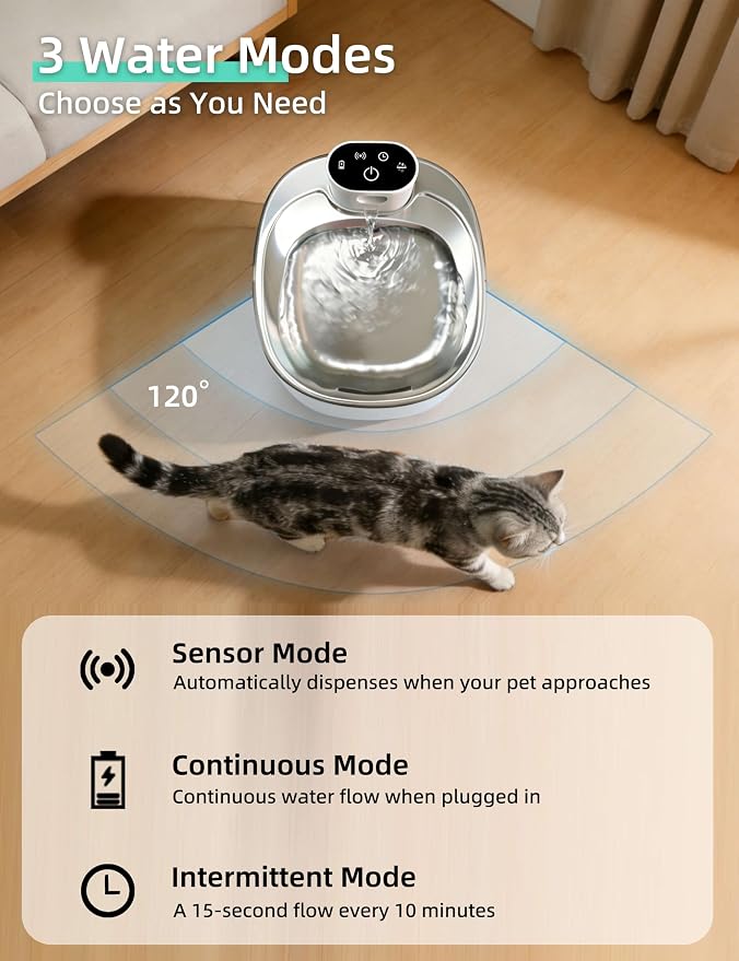 Wireless Cat Water Fountain Stainless Steel,135fl-oz/4L Battery Operated Automatic Pet Water Dispenser,Cordless Dog Water Fountain,Water Fountains for Cats Indoor,Ultra Quiet