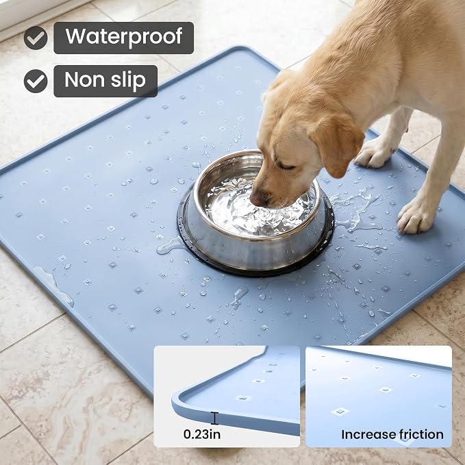 Silicone Pet Feeding Mat, 26x26 Inch Waterproof Dog Bowl Mat – Non-Slip, Machine Washable, Thin 0.28 Inch Edge for Messy Eaters, Protects Hardwood & Tile Floors, Blue