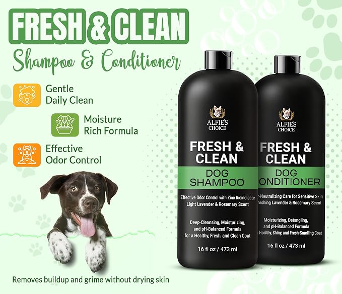 ALFIE'S CHOICE Dog Shampoo for Smelly Dogs | Fresh & Clean Shampoo and Conditioner Set | 16 fl oz Each | Lavender & Rosemary Deodorizing Wash | Odor Control for All Breeds