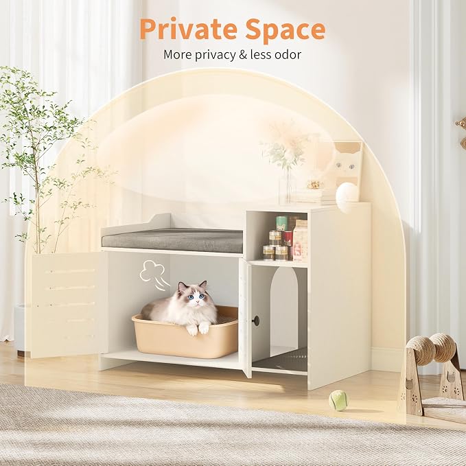 Hidden Cat Litter Box Enclosure Cabinet with Mark Pad – Modern Farmhouse Cat House Furniture, Storage Shelf – Discreet Indoor Use for Hallway or Bedroom, White