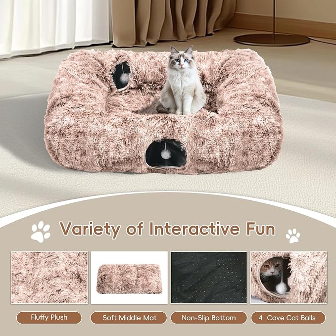 Extra Large Cat Tunnel Bed, 4 Ways Tunnels for Indoor Cats, Multi-cat Family Pet Bed & Cave, Plush Cat Donut with Washable Middle Mat, Exit Balls, Pet Play Toy for Kitten Puppy Rabbit, Brown