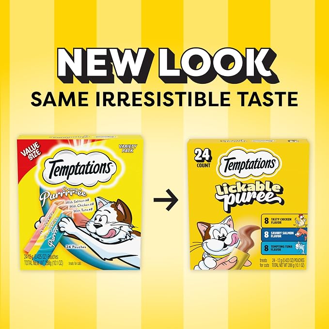 Temptations Creamy Puree Squeezable Lickable Cat Treats, Wet Cat Treats with Chicken, Salmon, and Tuna Variety Pack, 0.42 oz. Tubes, 24 Count