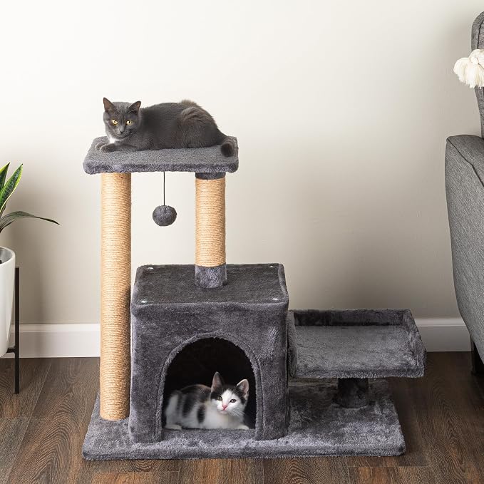 24.5in Small Cat Tree Tower - Cat Tower with Napping Perches, Kitten Condo, 2 Rope Scratching Posts, and Hanging Toy - Multi-Level Kitten Tree and Climbing Activity Furniture by PETMAKER (Gray)