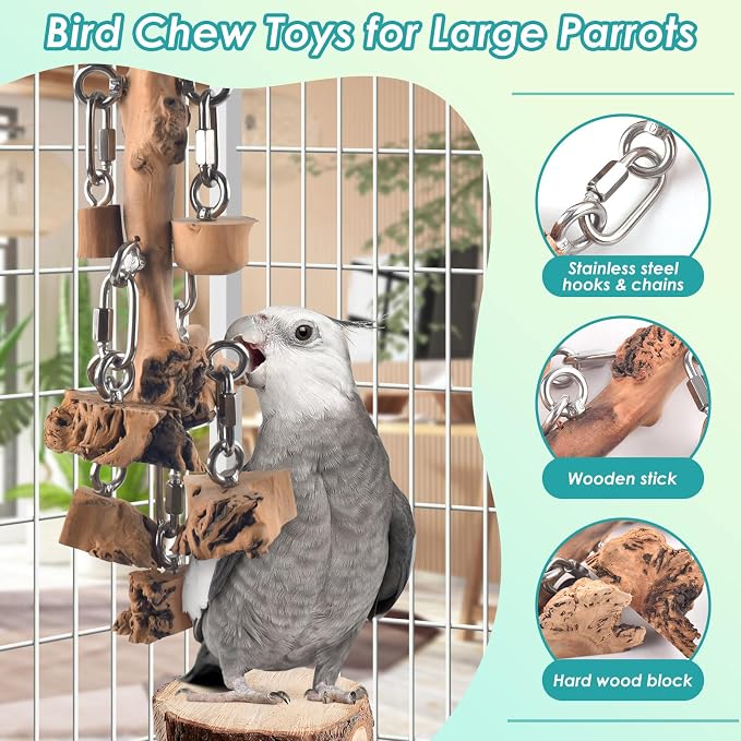 DBNESS Bird Toys for Parrot, Durable Stainless Steel Large Birds Chew Toy, Hanging Detachable Natural Hardwood Blocks for Medim to Large Eclectus, African Greys, Amazon Parrot, Cockatoo