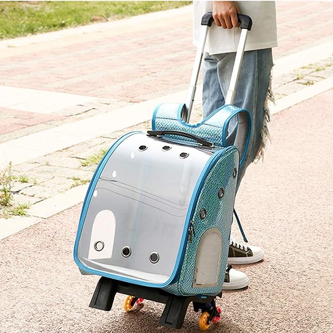 Pet Travel Rolling Carrier Backpack with Removable Wheels,Portable Foldable Breathable Airline Approved Hiking Soft-Sided Carrying Bag Trolley for Small Dogs And Cats with Mesh Ventilation Windows