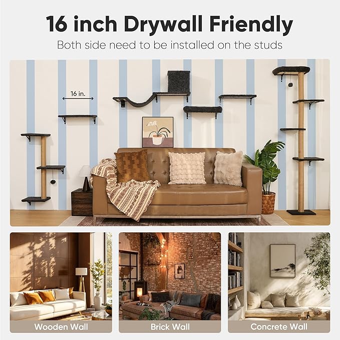 FUKUMARU Cat Wall Shelves, Stable & Safe 4 in 1 Cat Walls Furniture Set, Wooden Kitten Climbing Wall with Scratching Post for 16 Inch Drywall - Gray