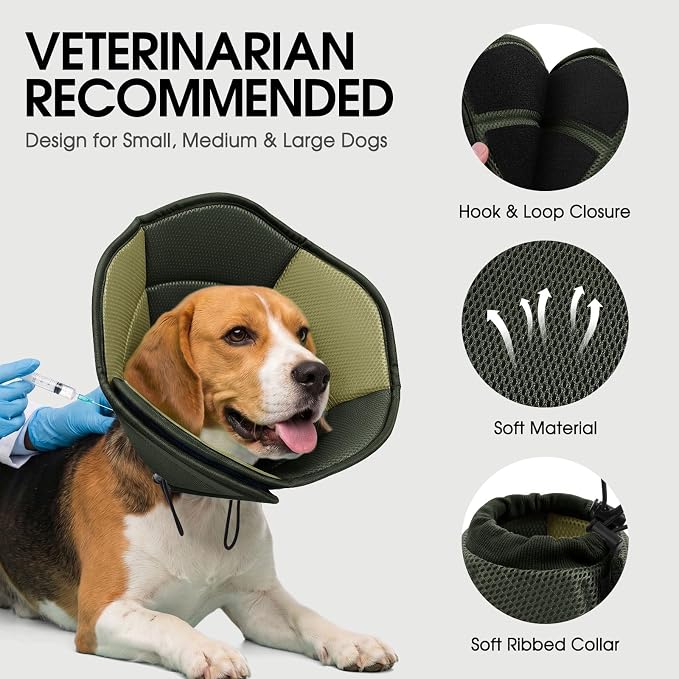 Dog Cone - Soft Cone for Dogs to Stop Licking, Pet E-Collar Alternative After Surgery, Adjustable Pet Recovery Collar for Wound Healing, Army Green Small