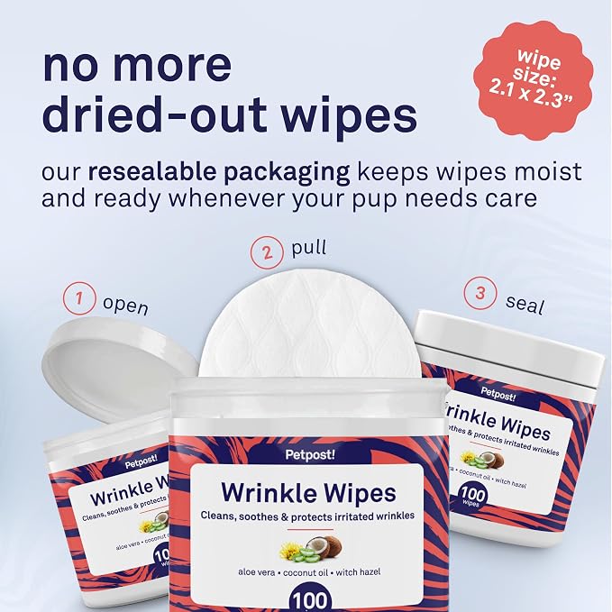 Petpost Wrinkle Wipes for Dogs | 100 Count Dog Face & Wrinkle Cleaner | Gentle Pet Wipes with Coconut Oil for Bulldogs, Pugs & Wrinkly Breeds | Dog Cleaning & Deodorizing Wipes