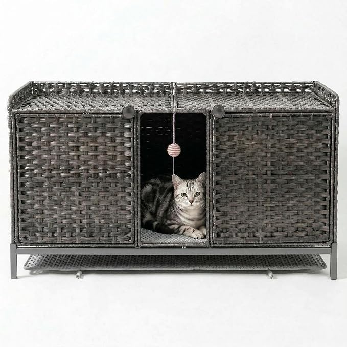 GAOMON Cat Litter Box Enclosure Furniture, Handwoven Rattan Cat Houses, Hidden Cat Washroom Furniture with Door/Mat, Large Space Cat Houses with S-Shaped Hooks, Living Room, Bedroom, Gray