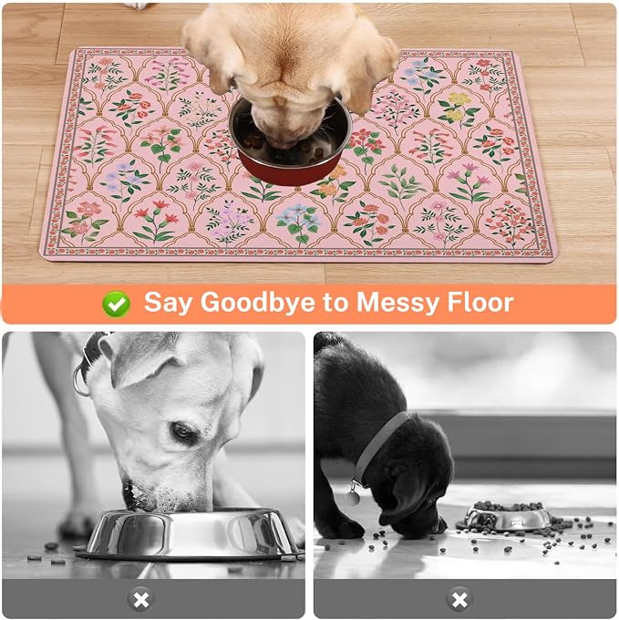 Absorbent Pet Dog Bowl Mat for Food and Water, Pet Cat Food Feeding Mat with Non Slip Rubber Backing, Dog Food Mats for Floors Waterproof, 16"x24"