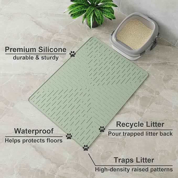 OHMO Cat Litter Mat XXL Trapping Mat Premium Silicone Rubber 37.5x25.2 Sage Green, Waterproof and BPA Free Kitty Litter Box Mat, Easy to Clean and Keeps the Floor Tidy
