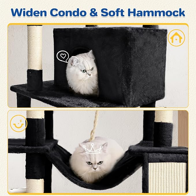 ABCPET Cat Tree Tower 63in Multi-Level Cat Tower for Indoor Cats with Sisal Scratching Posts, Condo, Hammock, Dangling Ball and Extended Platform for Cats to Play, Black