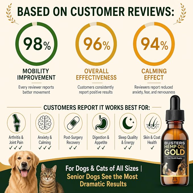 Buster's Gold Organic Hemp Oil for Dogs and Cats, 2 Large 60ml Bottles 4 Month Supply, Made in USA - Miracle Formula, Perfectly Balanced Omega 3, 6, 9 - Joint Relief, Calming (2-Pack)