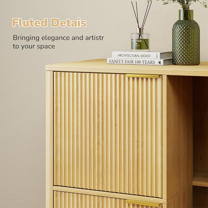 Rovibek Double Cat Litter Box Enclosure Furniture, Fluted Hidden Litter Box Enclosure for 2 Cats with Double Room, Mid Century Dual Cat Litter Cabinet with Scratching Post, Dangling Ball, Natural