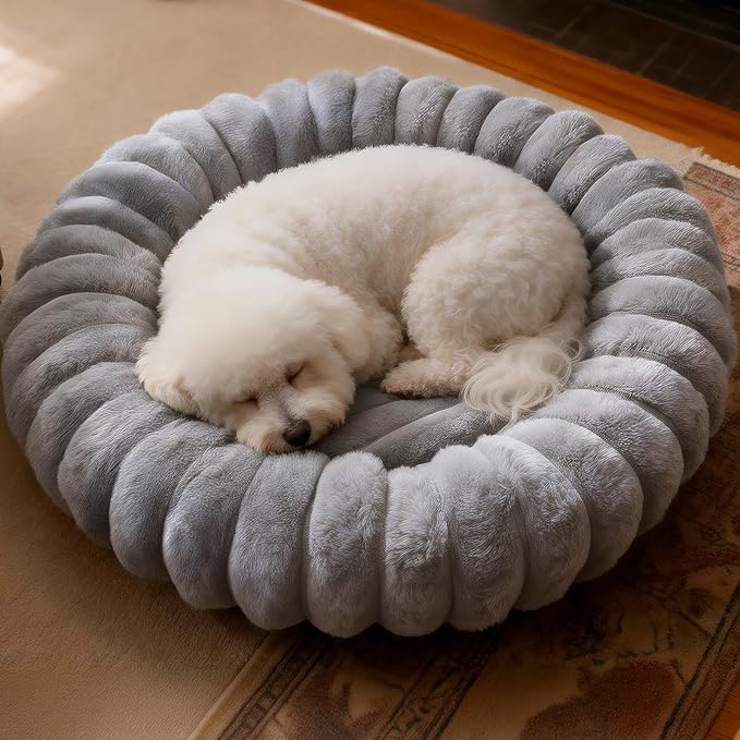Donut Dog and Cat Bed, Luxurious Comfortable Faux Rabbit Fur Pet Beds, Round Anti-Anxiety Calming Puppy Kitten Bed with Anti-Slip Bottom for Small Medium Dogs & Cats(20", Grey)