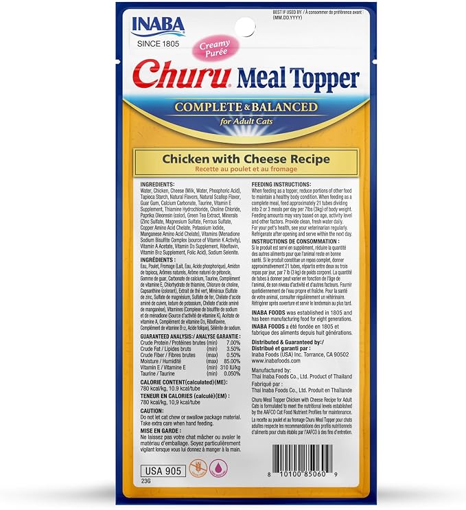 INABA Churu Meal Topper for Cats, Complete & Balanced, Creamy, Lickable Purée Cat Food Topper, 0.5 Ounce Tube, 24 Tubes (4 per Pack), Chicken with Cheese Recipe