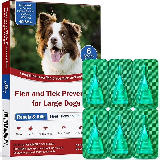 Flea and Tick Prevention for Dogs, 6-Month Supply, Large Dog Flea, Tick & Mosquito Control, Repellent, 44–88 lbs, 24-Hour Protect, Flea Supplements for Dogs
