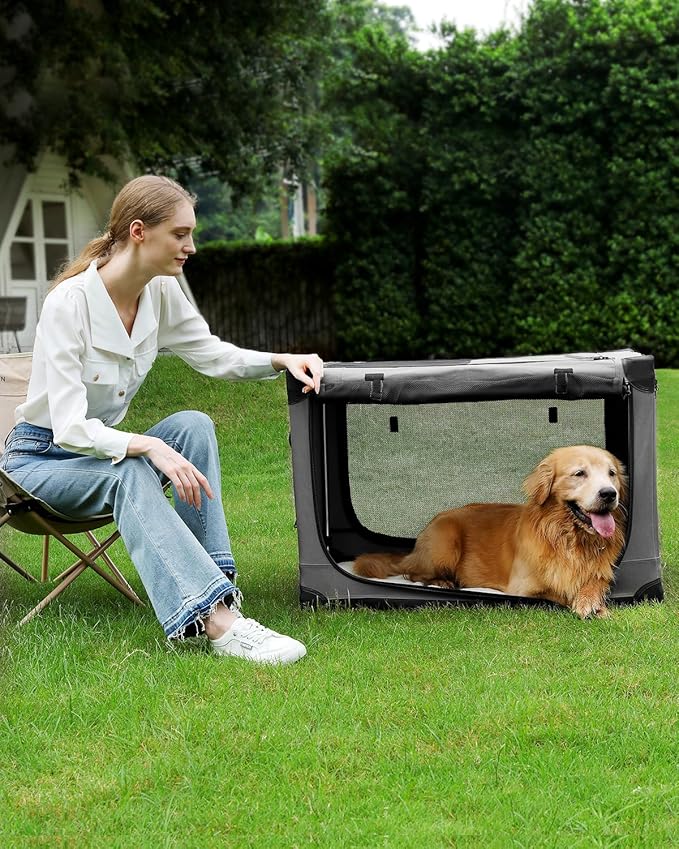 Veraste 30" L x 21" W x 21" H Collapsible Travel Dog Crate, Portable Soft Dog Kennel for Medium Dogs up to 45 lbs, 4-Door Foldable Travel Crate with Durable Mesh & Storage Bag, Grey