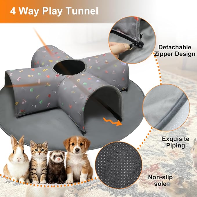 4-Way Indoor Cat Tunnel Bed with Top Peek Hole, 2-in-1 Collapsible Hideout with Removable Washable Mat, Interactive Play Tunnel for Cats, Kittens, Rabbits, Ferrets & Small Pets
