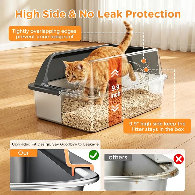 Aphyxen 2Pack XL Stainless Steel Litter Box with High Sides Shield for Multi Cats, 23 "L x 14.61 "W x 9.9 "H Open Top Cat Box for Big Cats, Anti-Leak Non-Stick Odor Control, 2 Scoops, Dark Grey