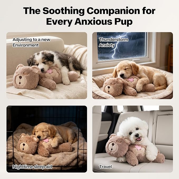 Pet Prime Heartbeat Dog Toy for Puppy Anxiety with Rechargeable Heartbeat - Smart Timer and Adjustable Speed Features to Soothe Puppies,Include 1PC Disposable Heat Pack for Extra Comfort (Bear)
