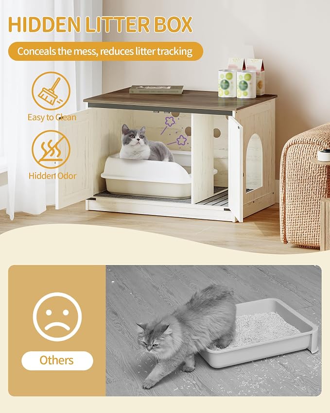 Hzuaneri Cat Litter Box Enclosure with Cushion, Hidden Litter Box Furniture with Removable Dividers, Reversible Entrance Left or Right Side, Cat House, Rustic White and Brown CB84614X