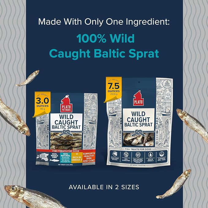 Plato Pet Treats Fish Dog Treats - Air-Dried, Single Ingredient Dog Treat - with Omega 3 & 6 Fatty Acids to Support Skin and Coat - 100% Whole Fish - Wild Caught Baltic Sprat Dog Treats - 7.5 oz