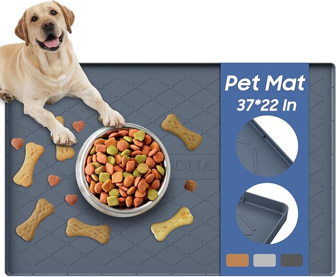 URMONA Large Dog Food Mat, 37" x 22" Pet Food Mat, Waterproof Dog Cat Food Mat with Raised Edges, Silicone Pet Food Mat, Dog Accessories, Prevents Food Spills, Protects Floors (Dark Gray)